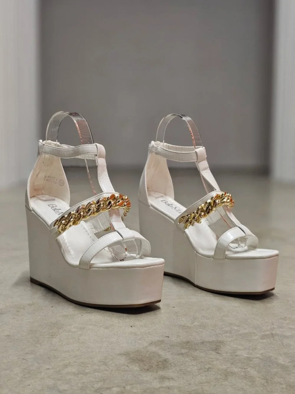 White Platform Wedge Sandals With Gold Chain Accent & Clear Straps By Bella Mari